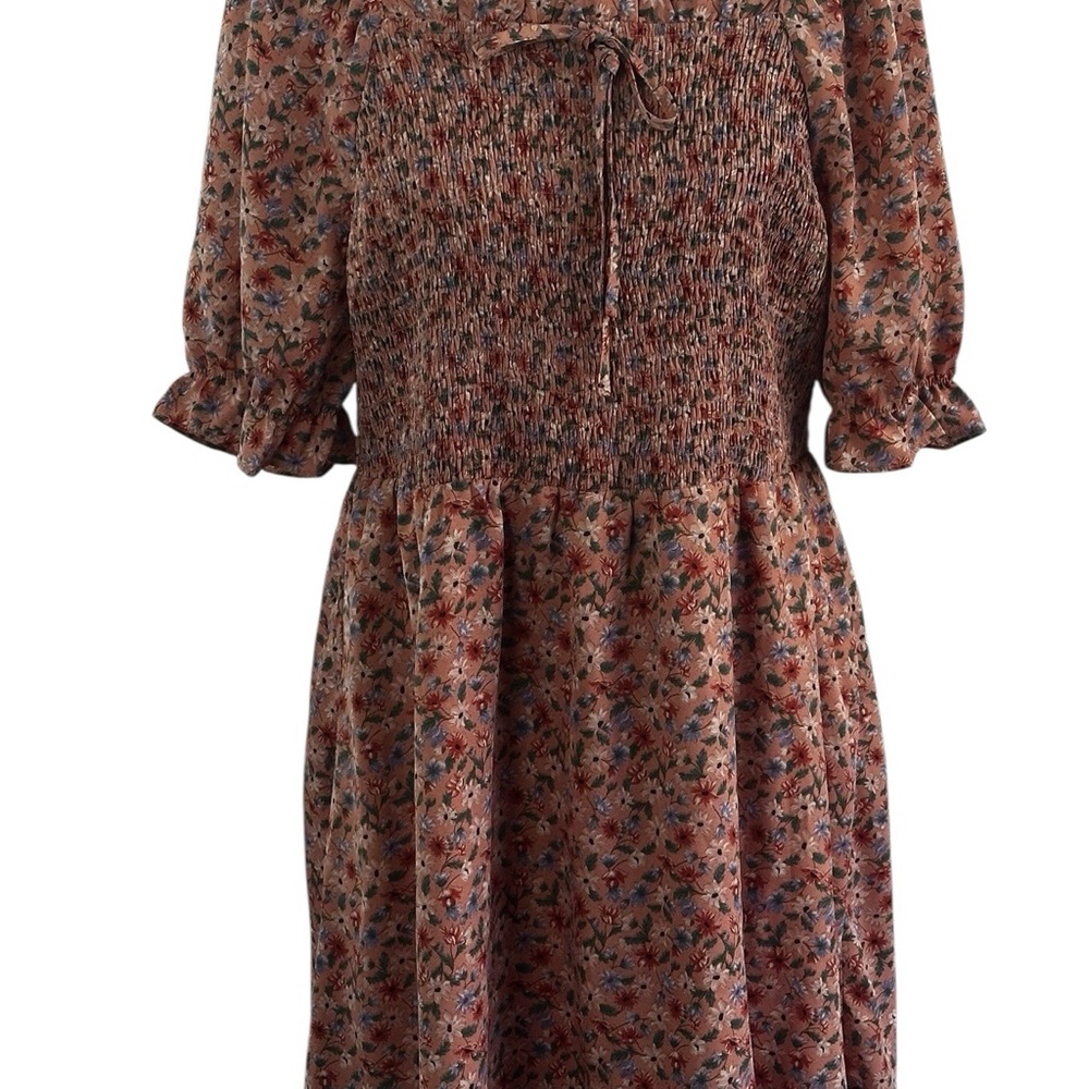 Allegra K 1X Floral Smocked Midi Dress – Cottagecore Puff Sleeve Fall Dress